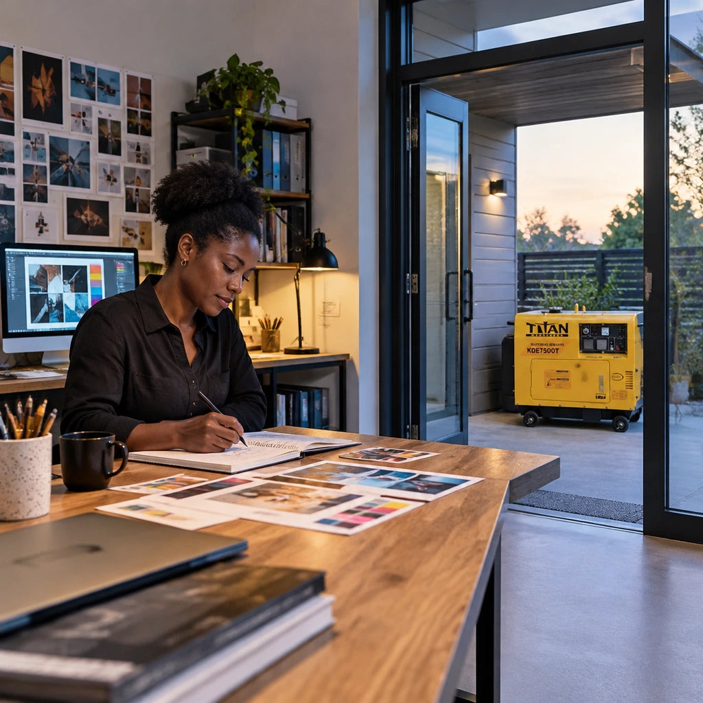 Contemporary design studio remaining illuminated and ready with the Titan KDE7500T generator resting outside after backup power use.