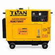 Titan KDE7500T yellow 5.0kW silent diesel generator with electric start and four wheels on a white background.