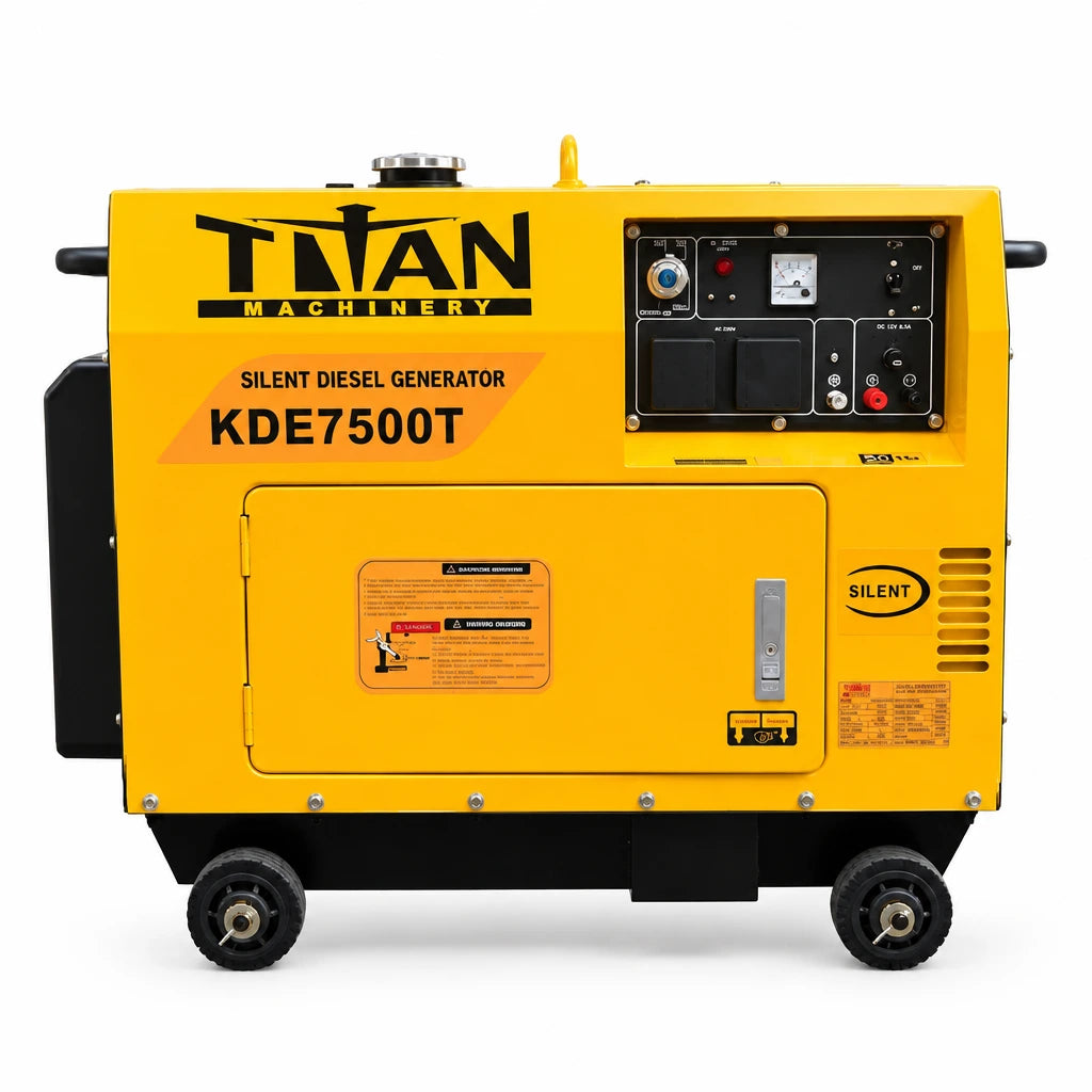 Titan KDE7500T yellow 5.0kW silent diesel generator with electric start and four wheels on a white background.