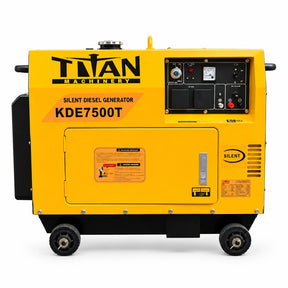 Titan KDE7500T yellow 5.0kW silent diesel generator with electric start and four wheels on a white background.