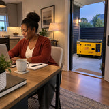 Homeowner working calmly in a lit home office while a Titan diesel generator provides outdoor backup power