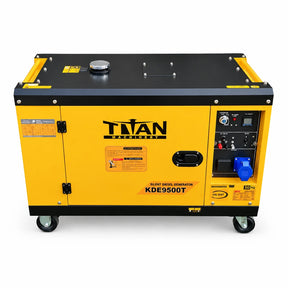 Titan 6.5kW yellow silent diesel generator with electric start and digital control panel on a white background