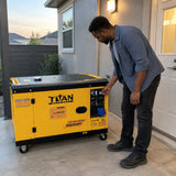 Homeowner checking the Titan diesel generator digital control panel during outdoor backup operation