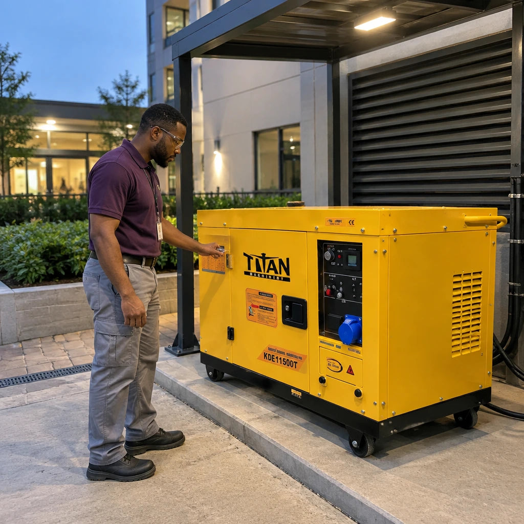 Facilities coordinator checking the Titan 8.5kW diesel generator control panel in a hospitality service courtyard