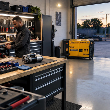 Organised equipment-repair workshop remains illuminated and ready with a Titan KDE12STA generator resting near the service entrance.