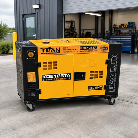 Titan KDE12STA diesel generator parked on a ventilated service pad beside a contemporary commercial workshop.