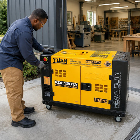 Workshop operator checks the SmartGen controller on a Titan KDE12STA diesel generator during backup power operation.