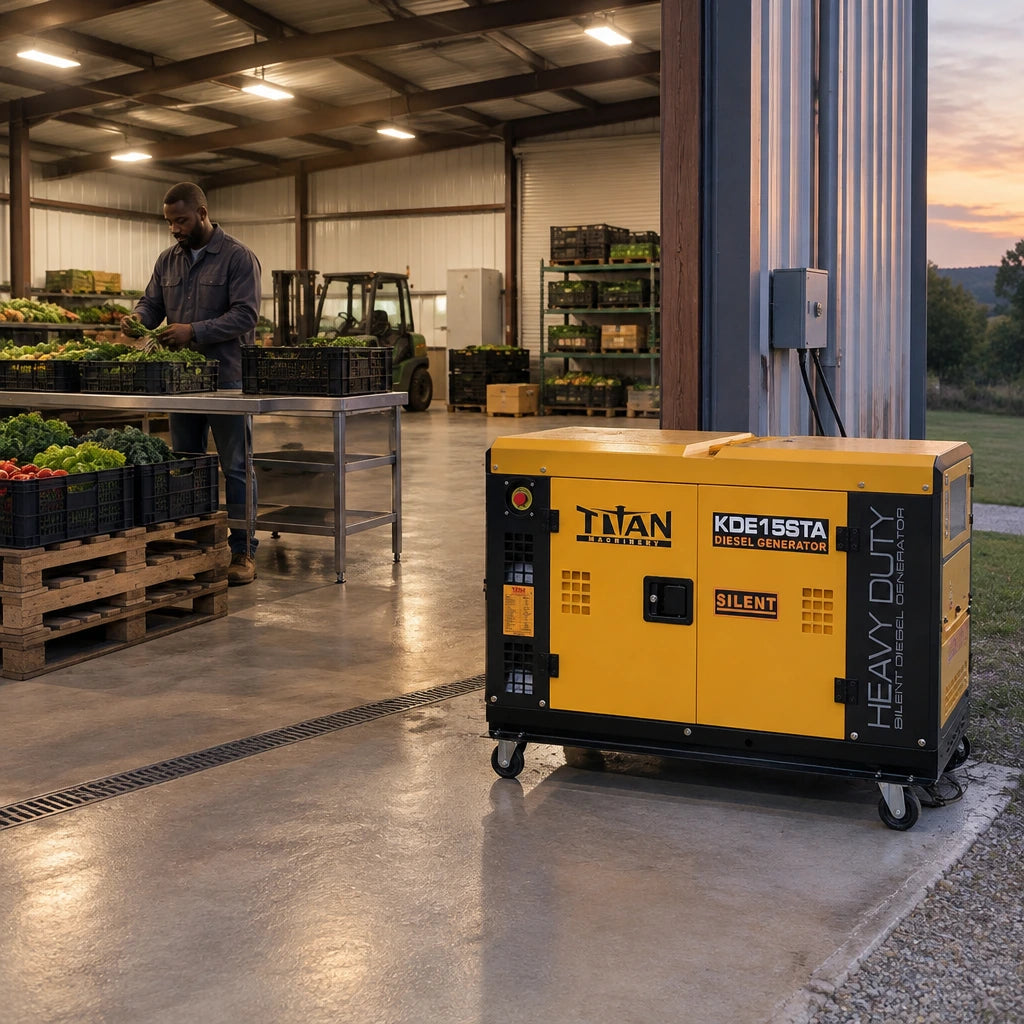 Ready produce-handling area with a Titan KDE15STA diesel generator resting nearby