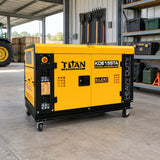 Titan KDE15STA diesel generator parked in a covered farm equipment service bay