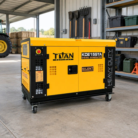 Titan KDE15STA diesel generator parked in a covered farm equipment service bay