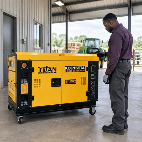 Farm operations technician checking the SmartGen controller on a Titan KDE15STA diesel generator