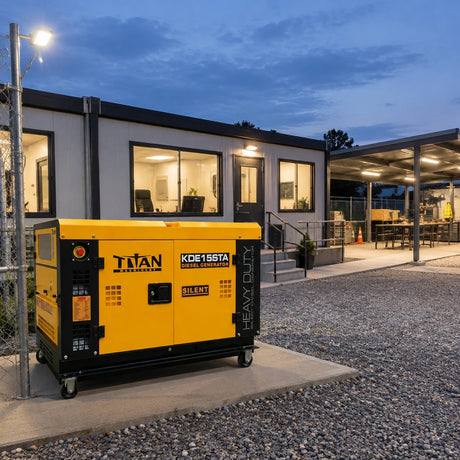Titan enclosed diesel generator resting beside a clean, illuminated commercial construction site ready for continued work.