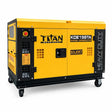 Titan yellow-and-black enclosed diesel generator on casters with visible Titan and KDE15STA branding against white background.