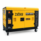 Titan yellow-and-black enclosed diesel generator on casters with visible Titan and KDE15STA branding against white background.