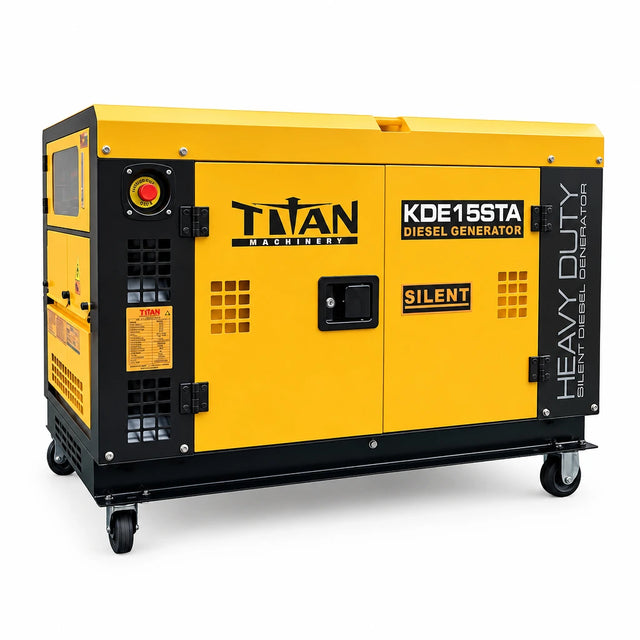 Titan yellow-and-black enclosed diesel generator on casters with visible Titan and KDE15STA branding against white background.