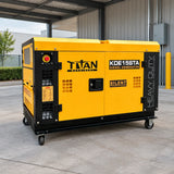 Titan enclosed diesel generator parked on casters in a ventilated commercial property service yard.