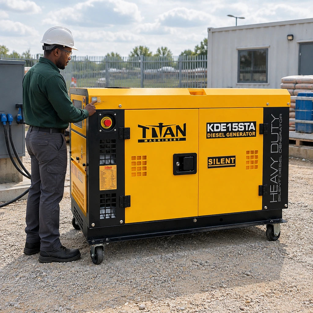 African American site operator checking the Titan diesel generator controller at an organised construction service compound.