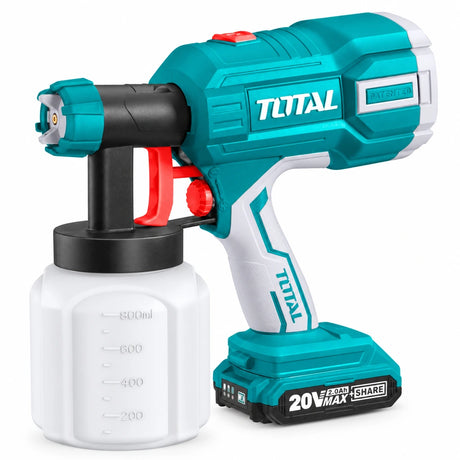 Total TSGLI2003 20V cordless spray gun with 800 ml paint container and attached battery on white background