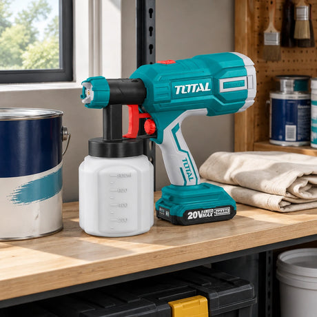 Total cordless spray gun stored on an organised shelf in a contemporary home decorating workshop