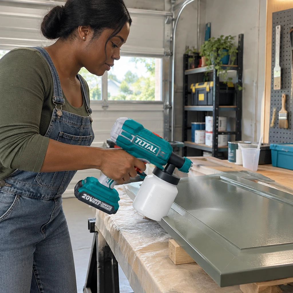 African American DIYer using the Total TSGLI2003 cordless spray gun to coat a cabinet panel