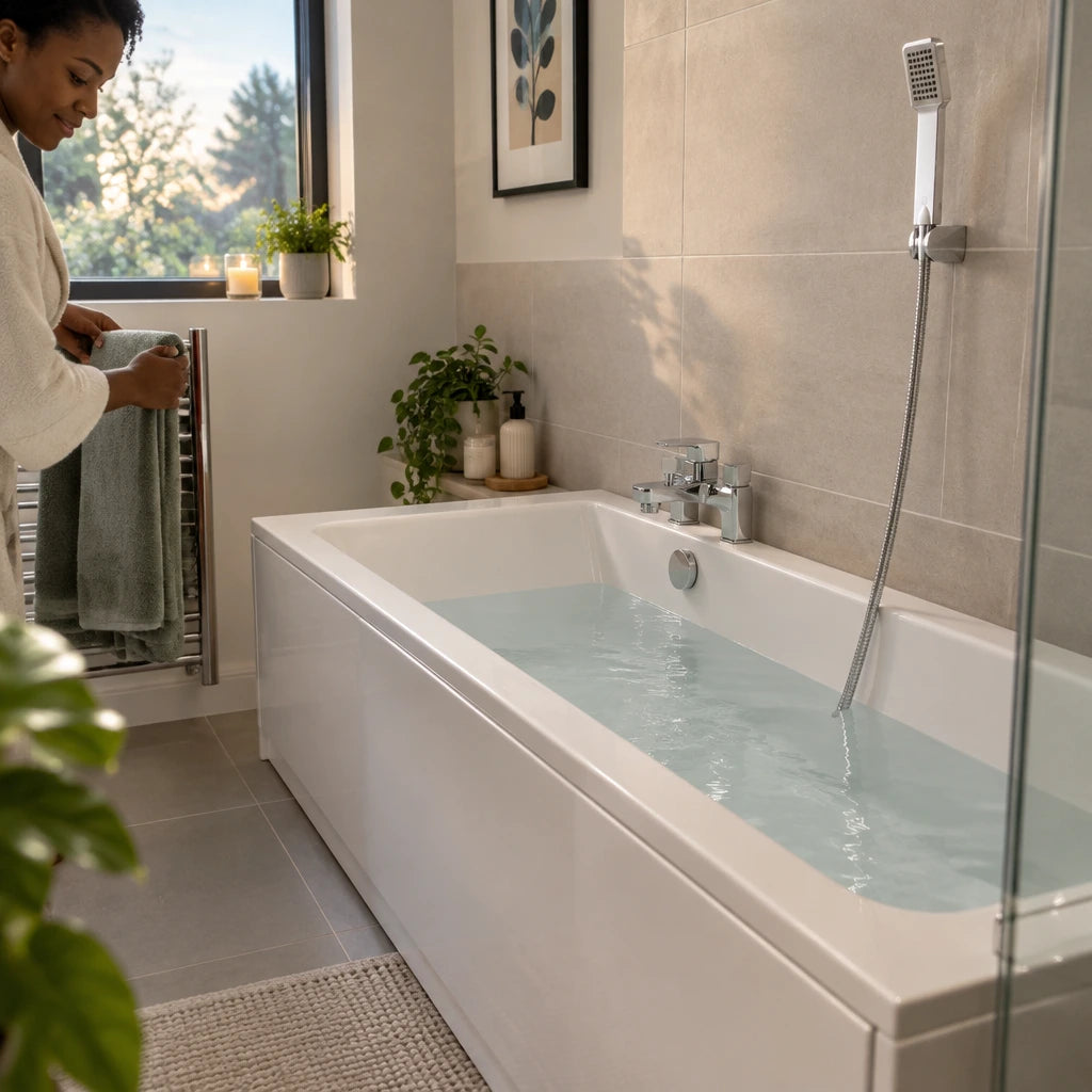 Prepared bathtub with Vado Phase chrome bath mixer and handheld shower neatly stored after use