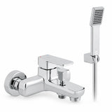 Vado Phase chrome bath shower mixer kit with rectangular handheld shower, wall bracket and hose on white background