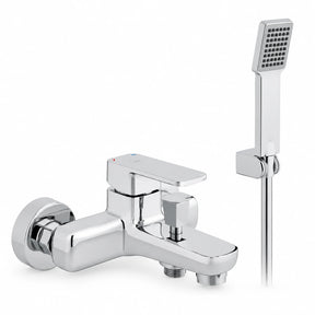 Vado Phase chrome bath shower mixer kit with rectangular handheld shower, wall bracket and hose on white background