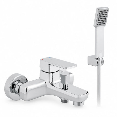 Vado Phase chrome bath shower mixer kit with rectangular handheld shower, wall bracket and hose on white background