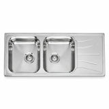 Reginox Diplomat stainless-steel double-bowl kitchen sink with right-hand drainer on white background