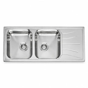 Reginox Diplomat stainless-steel double-bowl kitchen sink with right-hand drainer on white background