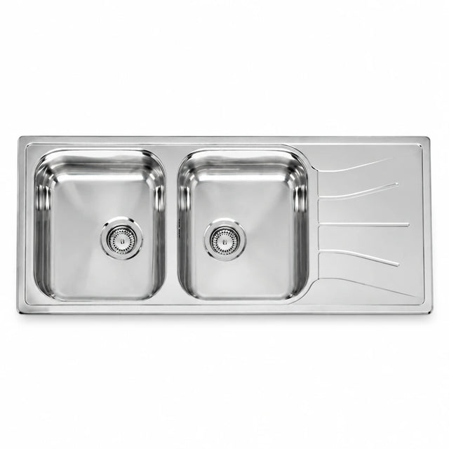 Reginox Diplomat stainless-steel double-bowl kitchen sink with right-hand drainer on white background