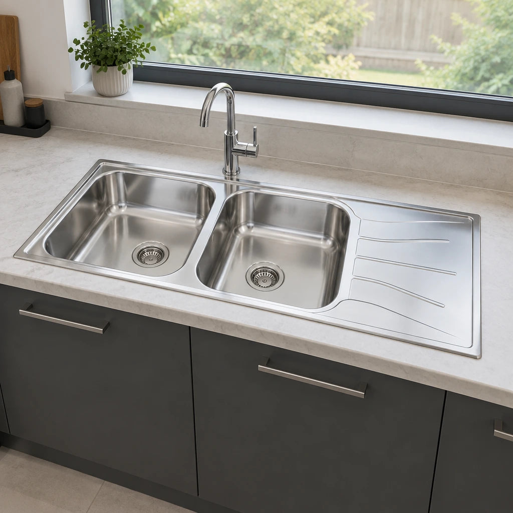 Reginox Diplomat double-bowl sink installed in a contemporary kitchen countertop