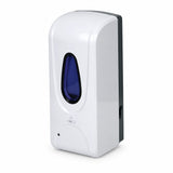 White automatic wall-mounted 1250ml liquid soap and sanitizer dispenser with dark viewing window on a soft white background