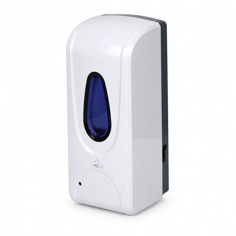 White automatic wall-mounted 1250ml liquid soap and sanitizer dispenser with dark viewing window on a soft white background