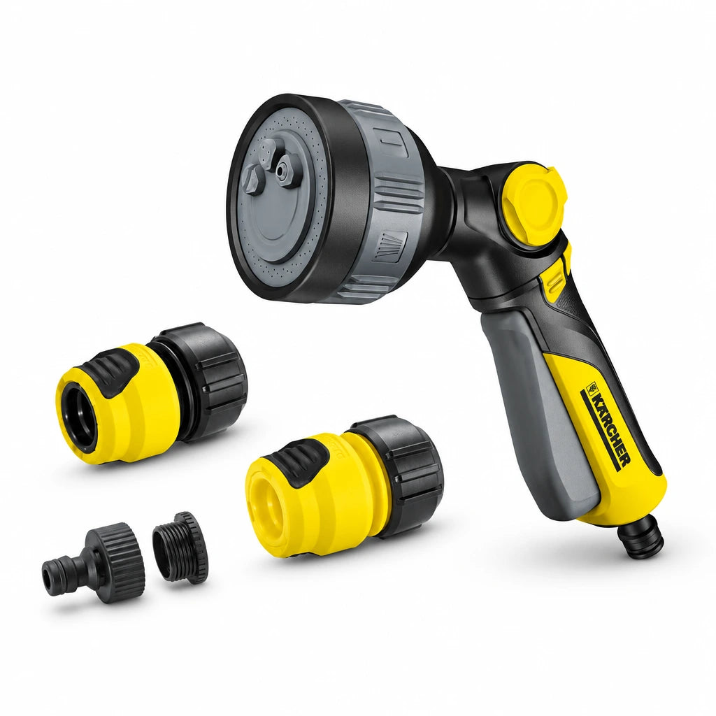 Kärcher Multifunctional Spray Gun Set Plus with spray gun, two hose couplings and tap adaptors on white background