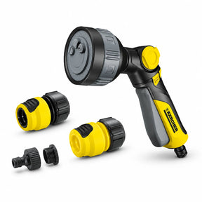 Kärcher Multifunctional Spray Gun Set Plus with spray gun, two hose couplings and tap adaptors on white background