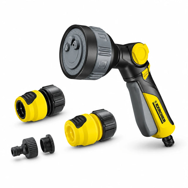 Kärcher Multifunctional Spray Gun Set Plus with spray gun, two hose couplings and tap adaptors on white background