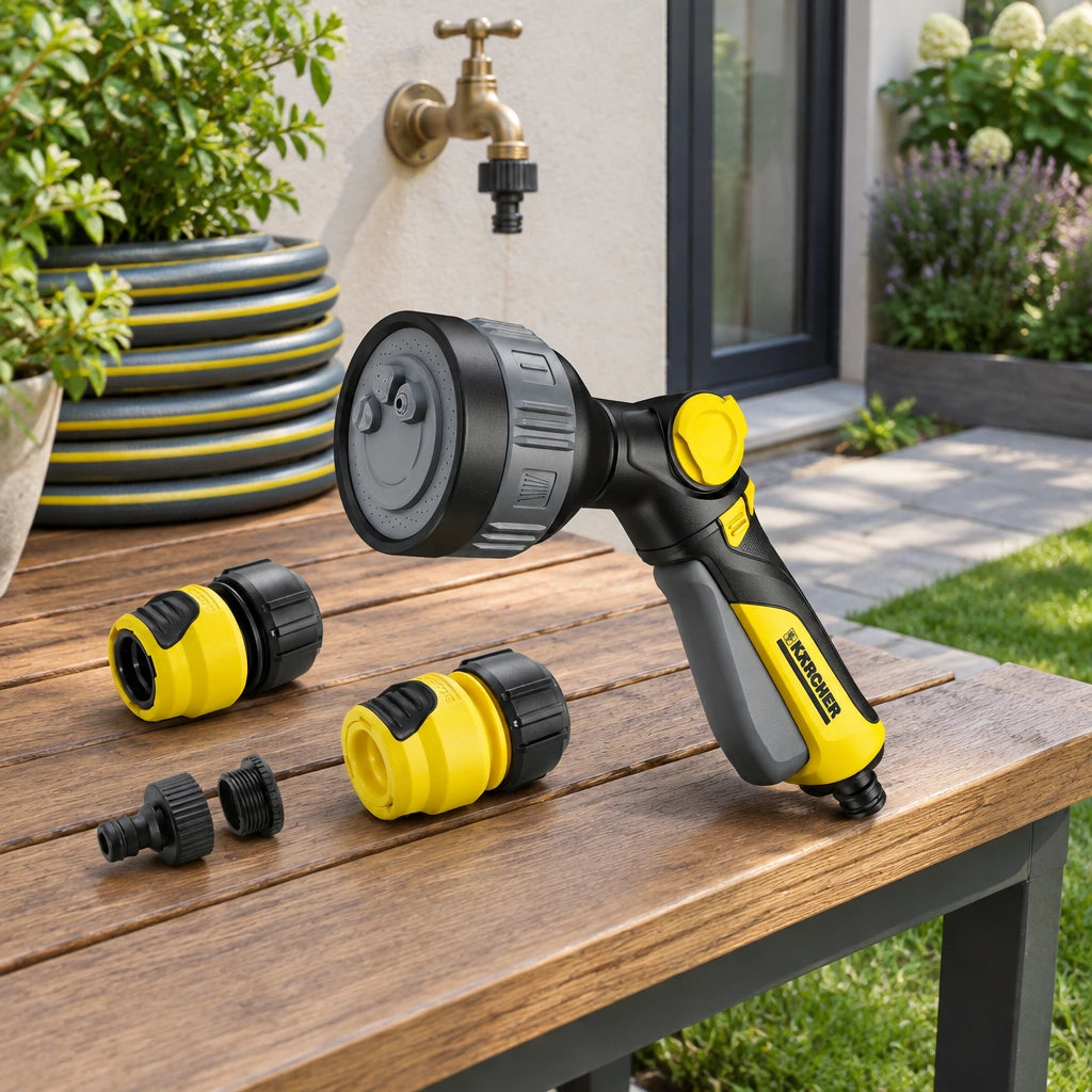 Kärcher garden spray gun set resting beside a hose and tap in a tidy contemporary garden