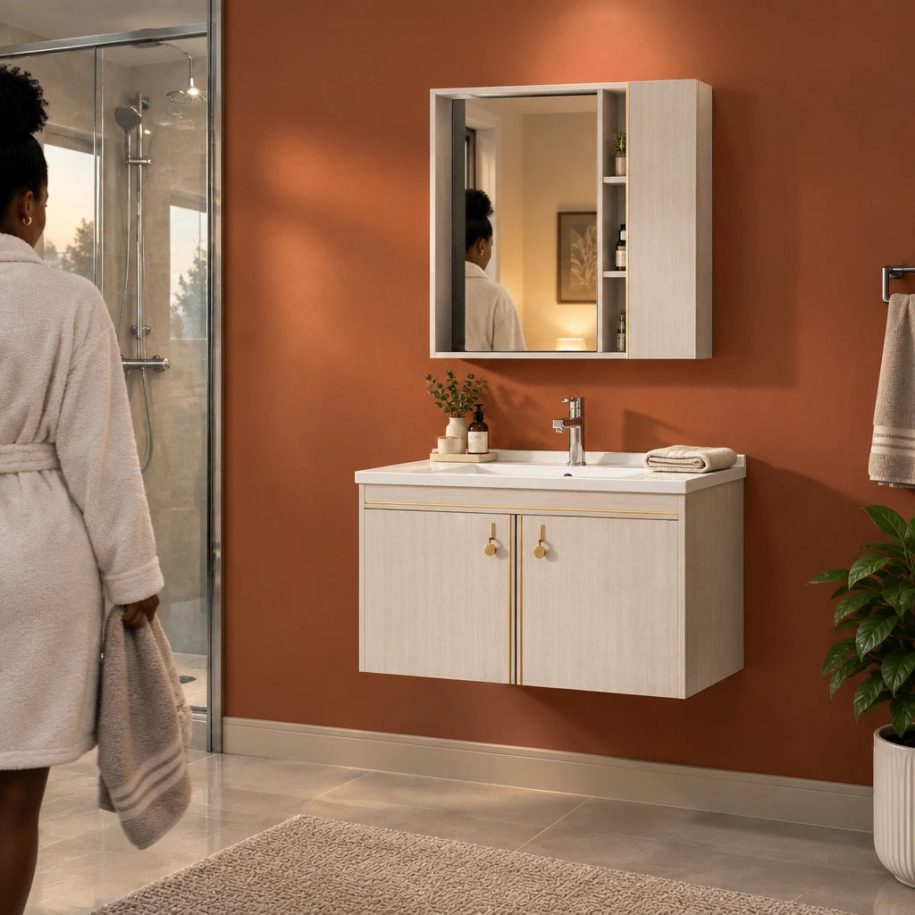 Clean T-9523 wall-mounted bathroom vanity with basin and mirrored storage cabinet in an organised evening bathroom