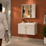 Clean T-9523 wall-mounted bathroom vanity with basin and mirrored storage cabinet in an organised evening bathroom