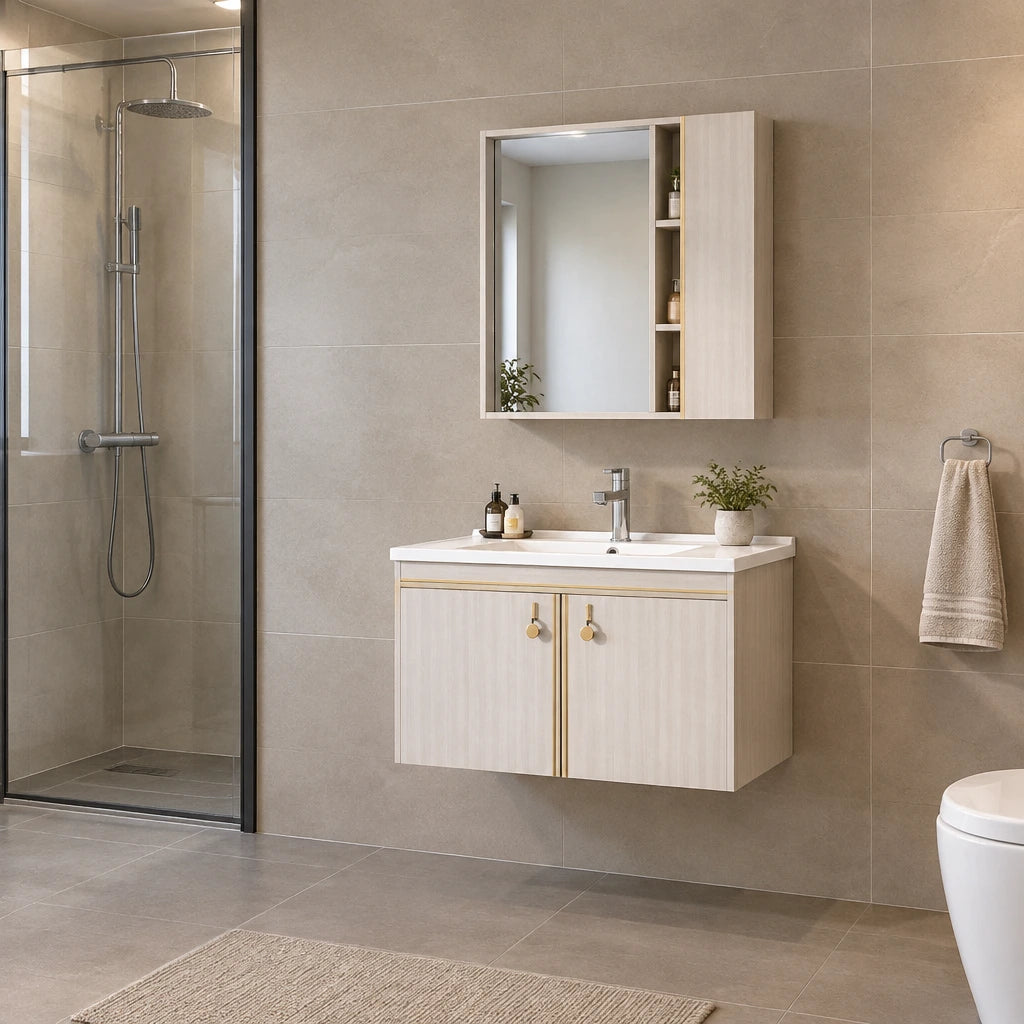 T-9523 wall-mounted bathroom vanity with basin and mirrored cabinet installed in a contemporary residential bathroom