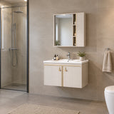 T-9523 wall-mounted bathroom vanity with basin and mirrored cabinet installed in a contemporary residential bathroom