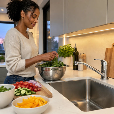 Prepared washed greens draining beside the Vado Matrix Mono chrome kitchen mixer in an orderly home kitchen
