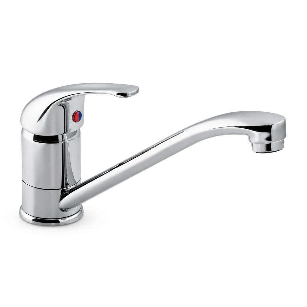 Vado Matrix Mono chrome single-lever kitchen sink mixer with long swivel spout on white background
