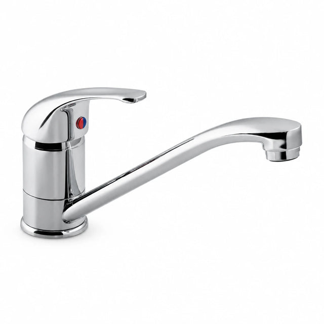 Vado Matrix Mono chrome single-lever kitchen sink mixer with long swivel spout on white background
