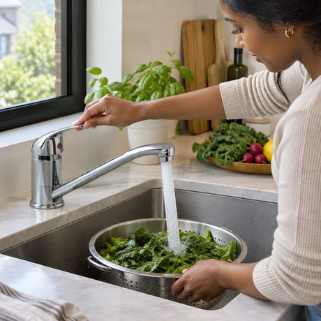 African American adult rinsing leafy greens in a colander under the Vado Matrix Mono kitchen mixer