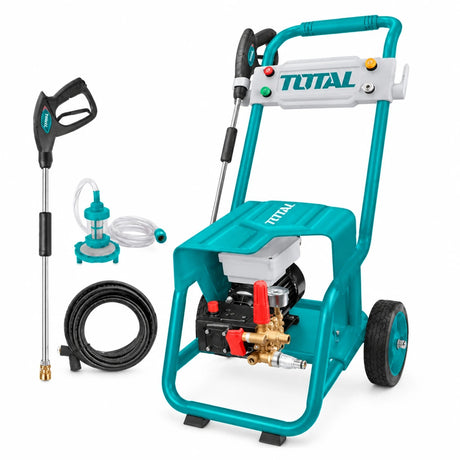Total TGT11176 100-bar wheeled commercial pressure washer with spray gun and coiled high-pressure hose on white background