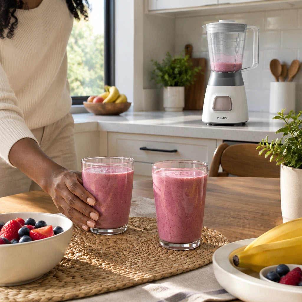 Finished fruit smoothies served at a breakfast nook with the Philips HR2058 blender visible nearby
