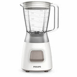 Philips HR2058 white and silver 1.25L stand blender with transparent jug on a white background