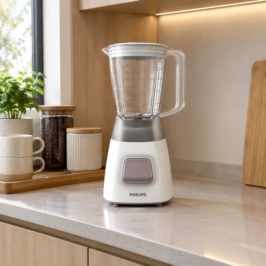 Philips HR2058 stand blender resting in an organised contemporary kitchen appliance station
